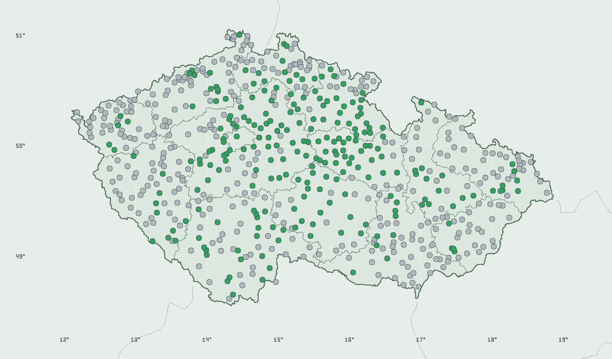 Mapa měst ČR se zelenými, oranžovými a šedými body