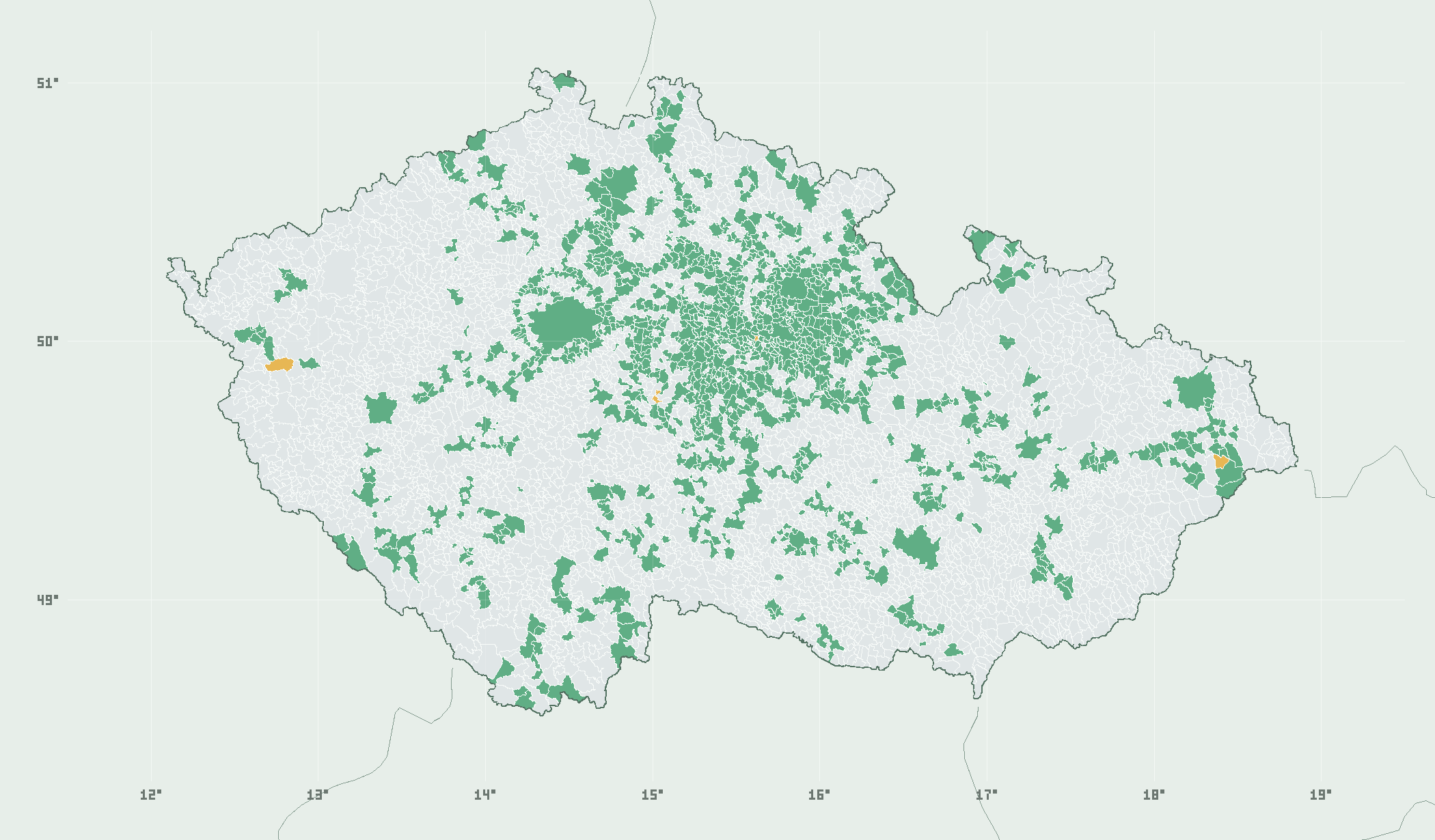 České obce: zelená – nalezeno, žlutá – pouze Lab, šedá – nenalezeno