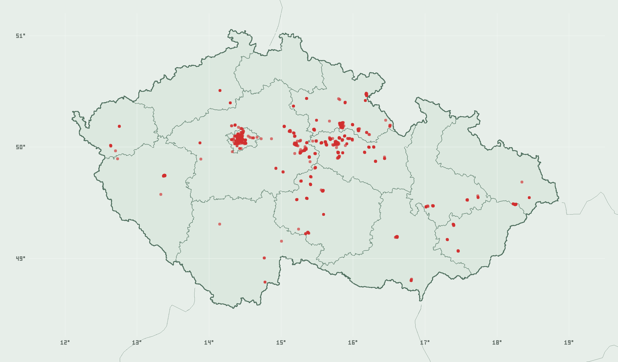 Mapa nalezených labek v ČR