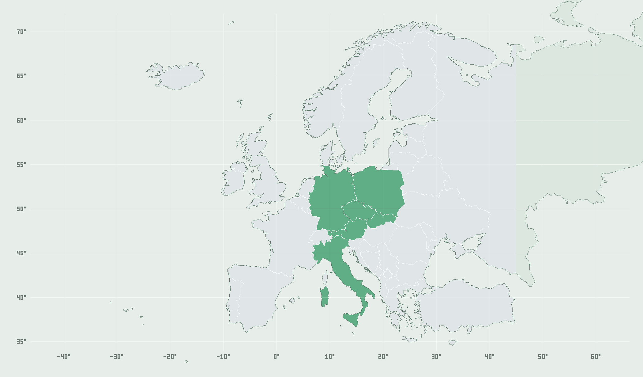Evropa: zelená – nalezeno, žlutá – pouze Lab, šedá – nenalezeno